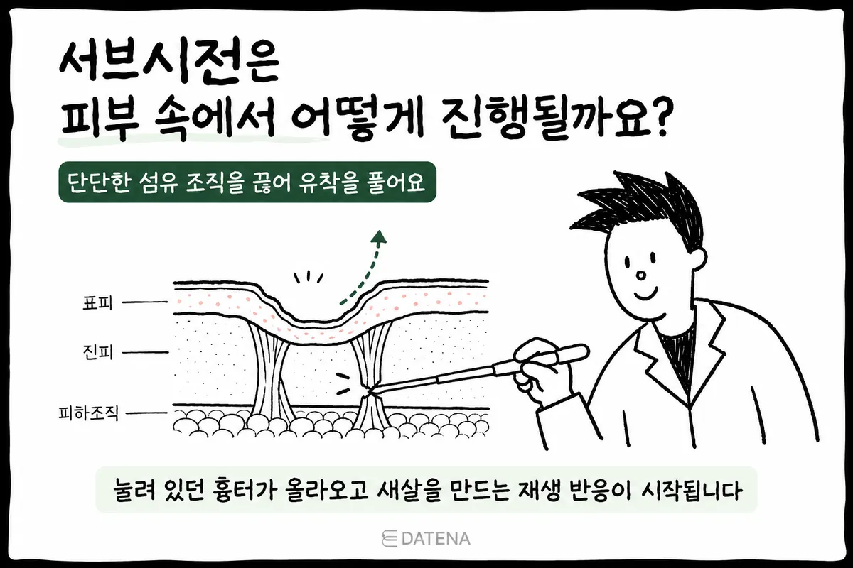 サブシジョン用の器具で皮膚の下の癒着線維を切り離し、へこんだ跡が持ち上がるスペースをつくる様子の断面図