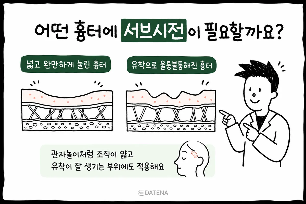 広くなだらかなへこみと、癒着によってでこぼこした跡の皮膚断面を比較した図