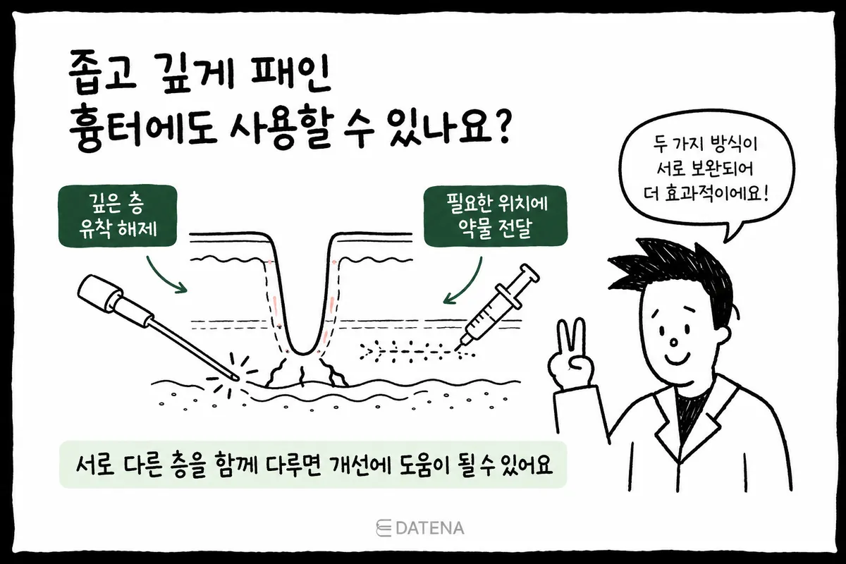 狭く深い跡の断面に、サブシジョンと薬剤注入の併用を示した治療方法の図