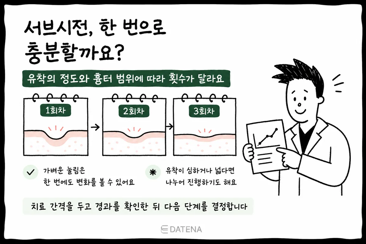 癒着の程度と跡の範囲に応じて、サブシジョンの回数を分けて決める流れを描いたカード