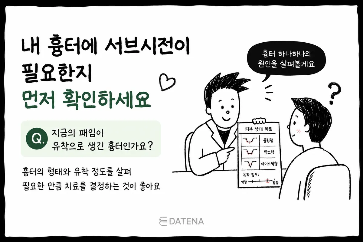 医師が肌状態のチェック表を見ながら、サブシジョンの必要性についてカウンセリングしている図